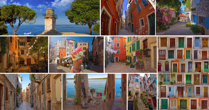Fototapeta A colorful collage of beautiful places in cozy and quiet town Rovinj.Rovinj is a tourist destination on Adriatic coast of Croatia