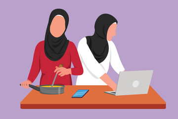 Cartoon flat style drawing two Arabian woman cooking dinner has video call conversation in kitchen and talking with friend using application on laptop. Fun cooking. Graphic design vector illustration