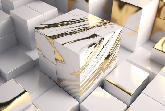 Abstract white golden marble cubes geometric background. Generative AI