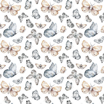 Butterflies watercolor seamless pattern. Black and white butterflies illustration.