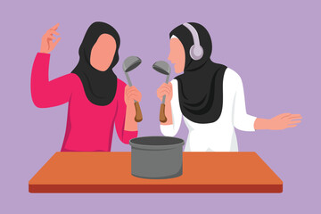 Cartoon flat style drawing two Arabian friends cooking food for dinner together and sing with spatulas as microphone. Friends dancing and having fun in cozy kitchen. Graphic design vector illustration