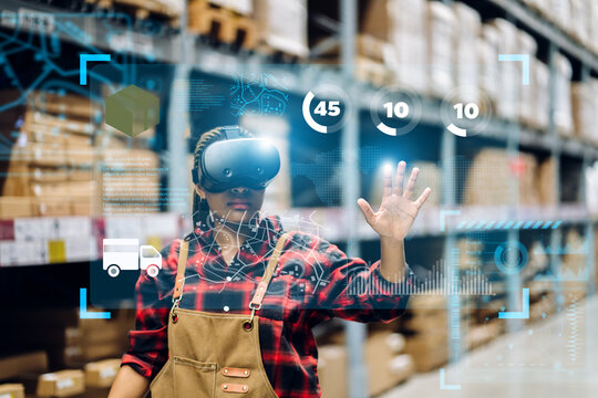 Portrait of african american engineer woman order details checking goods and supplies on shelves with glasses of technology virtual reality headset  in warehouse.logistic and VR technology industry
