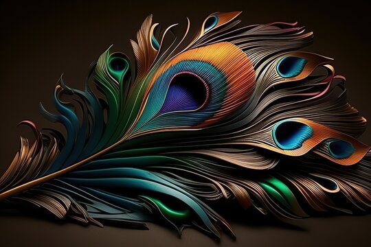 elegant leather colorful peacock feather background. 3d abstraction interior mural peacock feather wallpaper. beautiful abstract close up of peacock feather background. generate ai © Art_make