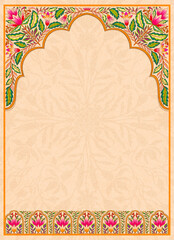Mughal floral traditional ornament with an arch and a motif borders. Recycled ethnic Indian miniature.