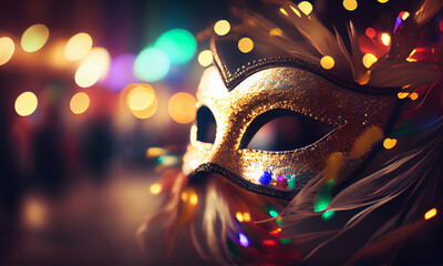 Venetian Mask With Abstract Defocused Bokeh Lights And Shiny Streamers for Carnival Party. Masquerade Disguise Concept. Blurred Bokeh Background. Generative Ai.