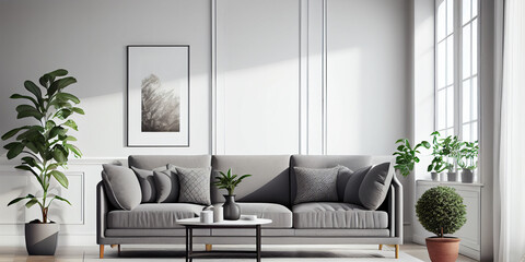 Stylish living room interior of modern apartment and trendy furniture, plants and elegant accessories. Home decor. Template, 3D render, 3D illustration.Generative Ai.