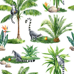 Tropical palm tree and lemur animal seamless pattern, Exotic botanical jungle wallpaper. Hand drawn painting © Hanna