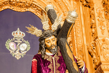 Image of the Holy Christ of the Three Falls, Cristo de las tres Caidas, from the 16th century,  inside the Capilla de los Marineros (Chapel of the Sailors) in Triana, Seville, Andalusia, Spain