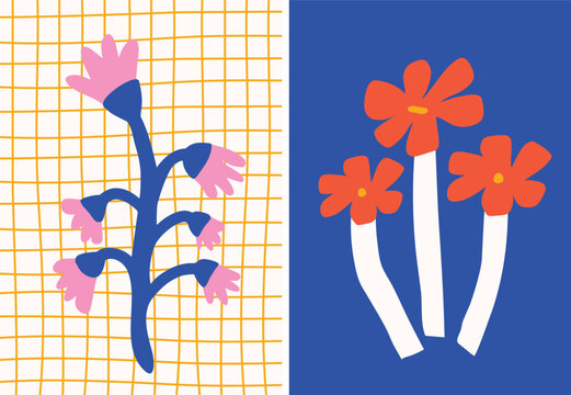 Fototapeta Minimal hand drawn style flat floral vector poster.Matisse style bright and colorful flower drawing perfect for wall art, greeting card, banner, prints etc.