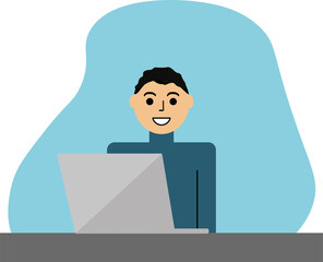 Man behind a laptop, vector. Happy man is sitting at a table with a laptop.