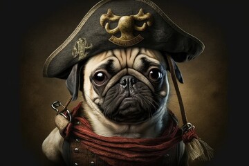 Pug Face in a Pirate Costume Jolly Roger. Generative AI.