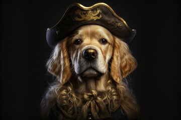 Golden Retriever Face in a Pirate Costume Jolly Roger. Generative AI.