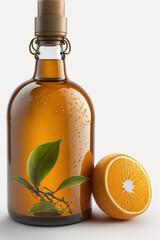 Bottles of orange juice isolated on white background. Generative AI illustration.