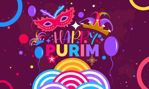 Jewish traditional holiday Carnival concept of Happy Purim. Celebration with hamantaschen, carnival mask, confetti, parti on color background. Purim concept of March 26th