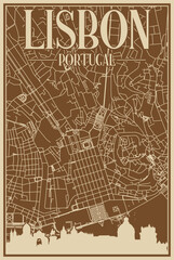 Brown hand-drawn framed poster of the downtown LISBON, PORTUGAL with highlighted vintage city skyline and lettering