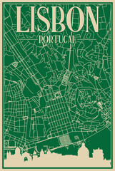 Green hand-drawn framed poster of the downtown LISBON, PORTUGAL with highlighted vintage city skyline and lettering