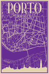 Purple hand-drawn framed poster of the downtown PORTO, PORTUGAL with highlighted vintage city skyline and lettering