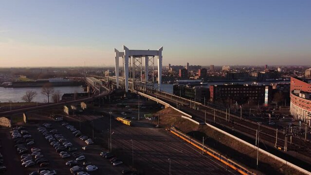 Railway Bridge Across Oude Maas River In Dordrecht, Netherlands. Aerial View
