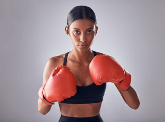 Boxing, fitness and portrait of woman in studio for sports exercise, strong muscle or mma training. Indian female, boxer champion and gloves for impact, energy and warrior power in battle challenge