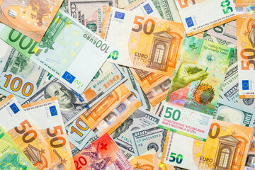 Background щf money pile dollar and euro bills