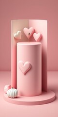 Valentine's Day themed minimalist podium scene. Display stand for a mockup product presentation. Cylinder stage with a straightforward design and a pleasant, wonderful pink color. a lovely background