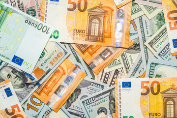 Money pile dollar and euro bills background