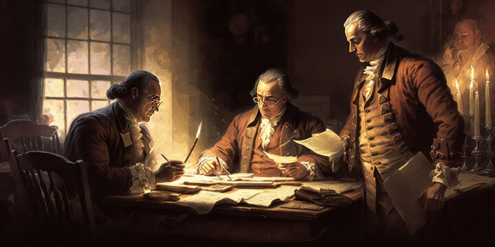 The Signing of the Declaration of Independence: A illustration or painting of the moment when the founding fathers signed the Declaration of Independence. generative ai