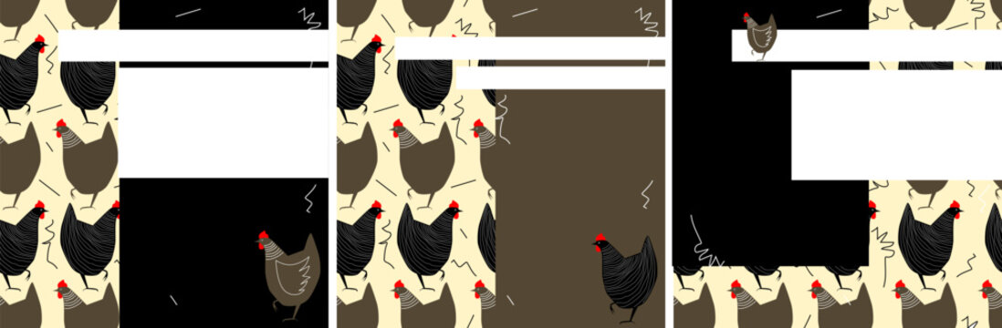 a set of three square images on a white isolated background on the theme of poultry, chickens, roosters