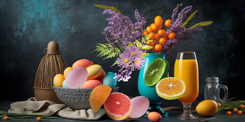 Easter  eggs with flowers  spring on colorful   background banner template copy space vintage modern concept   background banner template copy space generated ai