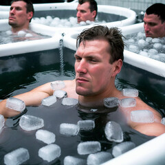 Close-Up Shot of a Man Fully Immersed in Ice Bath, Surrounded by Clear and Intricately Carved Ice cubes.man’s Face Shows a Look of Deep Relaxation, Letting the Chill Invigorate His Body and Mind. AI