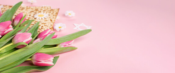 Jewish holiday Passover greeting card concept with matzah, nuts, tulip and daisy flowers on pink background.