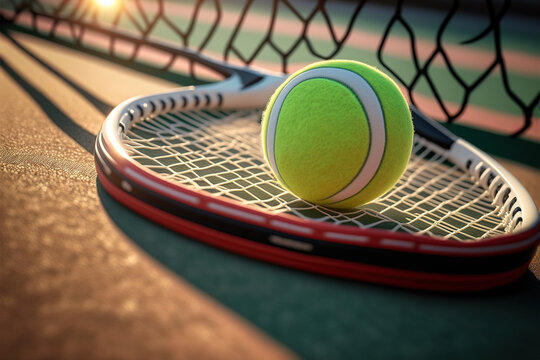Close up of tennis racket and ball in pitch. Generative AI illustration.