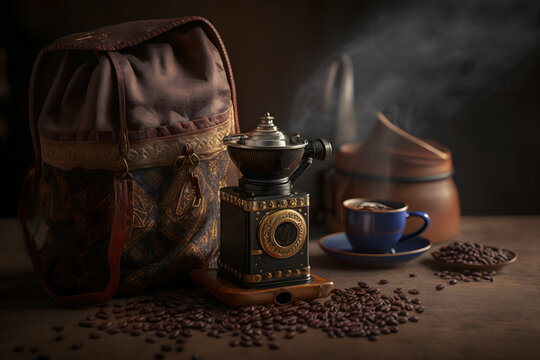 Arabic coffee beans in bag and grinder with ground coffee drink photography made with Generative AI