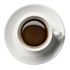 White coffee cup with saucer, mug with hot black coffee, isolated design element, transparent background, top view, flat lay