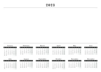 Wall horizontal Calendar for year 2023 in neutral black and white design