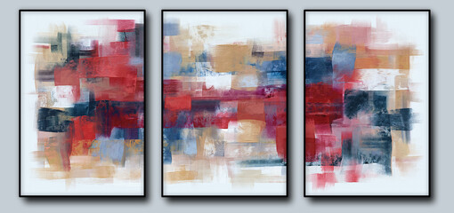 Bright modern artwork, abstract paint strokes, triptych on wall, painting on white canvas