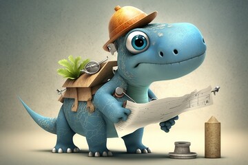 Cute dinosaur architect in office with blue print. Generative AI illustration.