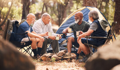 Man, friends and camping in nature for holiday travel, getaway or summer vacation together by tent in forest. Group of elderly men relaxing on camp chairs with drink and enjoying day in the outdoors