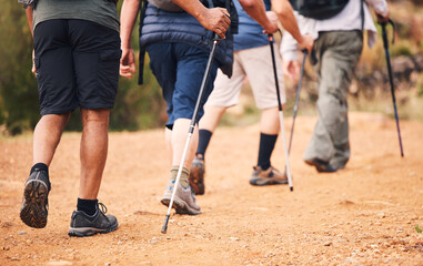 Hiking, sports and feet of people walking for adventure, healthy body and fitness in outdoor...
