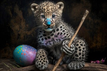 Joyful Young Leopard Cub Celebrating Easter with Fun Colorful Artwork