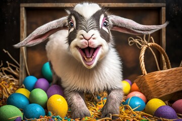 Playful Baby Goat Enjoying Easter in a Colorful Outdoor Setting