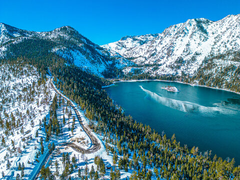 Lake Tahoe California. Emerald Bay. Winter Drone Panorama. Beautiful colors.