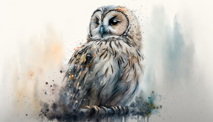 Little Cute Owl watercolor paint art on white. Generative AI