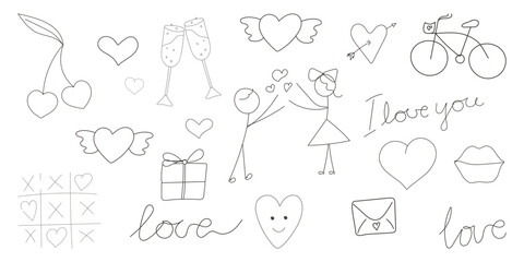 Valentines day greeting card.Retro style Valentine's day. 2000s.Retro y2k style.Cartoon style. Doodle valentine's set.