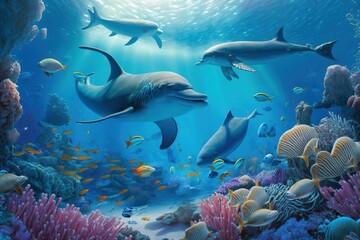 Fototapeta na wymiar School of Dolphins Swimming in a Colorful Coral Reef