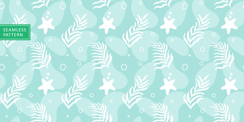 Fototapeta premium Baby marine vector seamless pattern with seaweeds, starfish for baby textiles, wrapping paper, covers, backgrounds