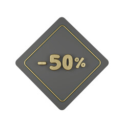 3d illustration, Golden discount -50% off promotion price tag sign symbol, luxury label. 