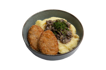 Mashed potatoes and cutlets in a plate. Transparent.