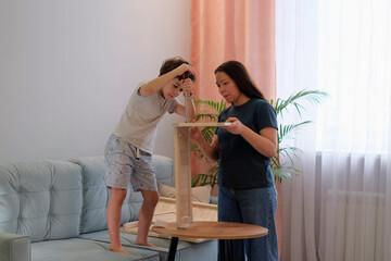 Mother and her son assembling furniture together at home