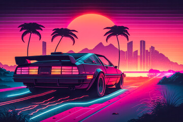80s style illustration with car driving into sunset. Generative AI.